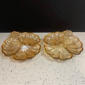 Vtg Carnival Iridescent Jeanette Amber Marigold Glass Leaf Clover Shaped Dishes